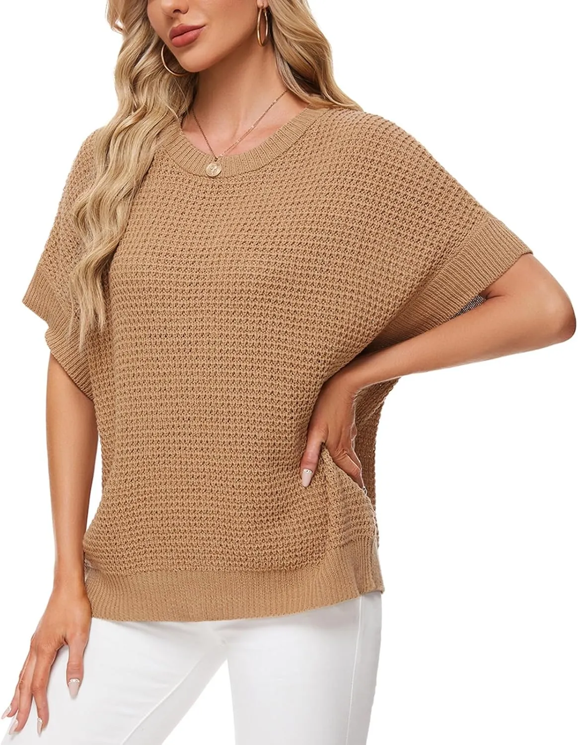 MINTLIMIT Womens Batwing Short Sleeve Sweaters Loose Oversized Waffle Knit Pullover Sweater Top