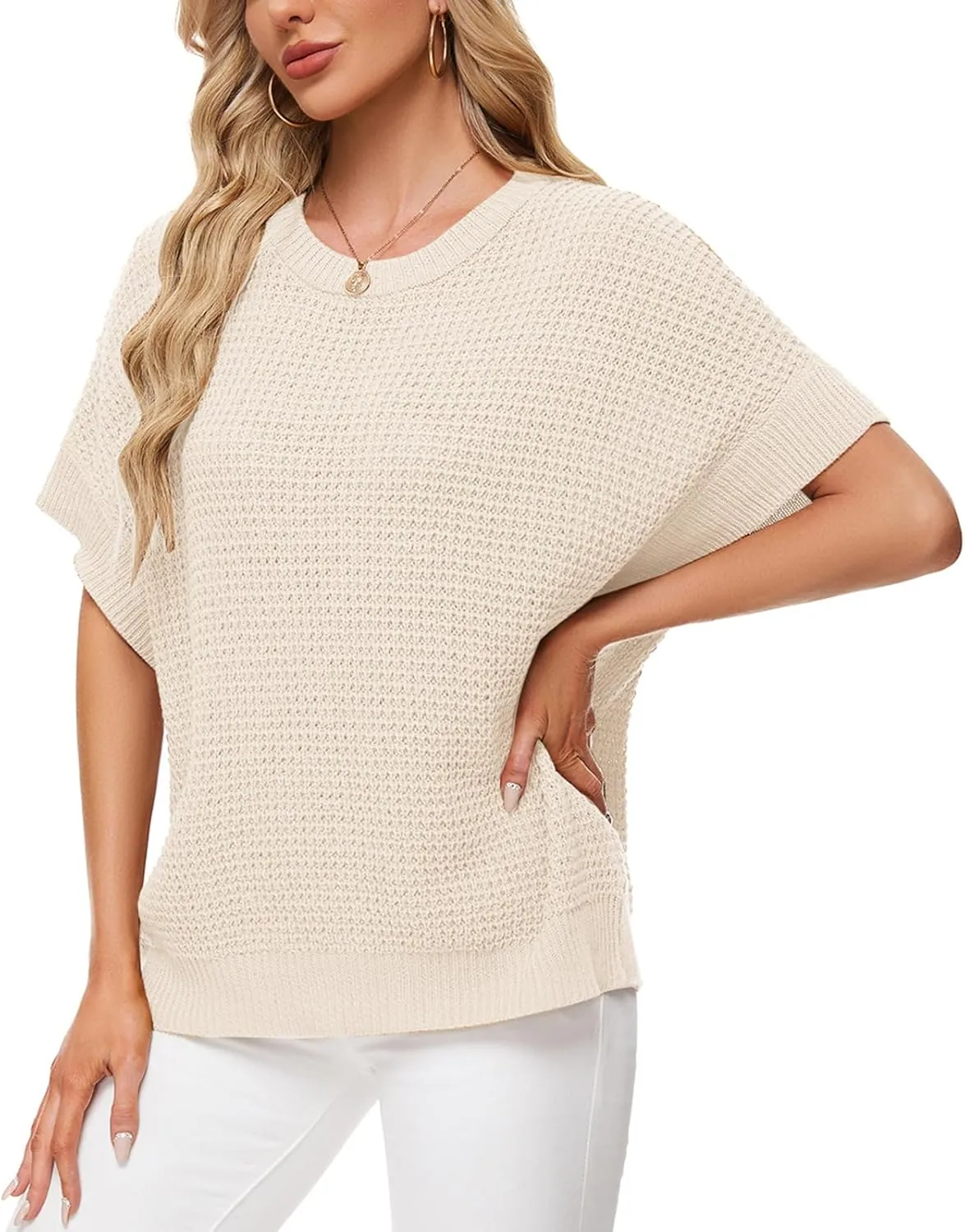 MINTLIMIT Womens Batwing Short Sleeve Sweaters Loose Oversized Waffle Knit Pullover Sweater Top