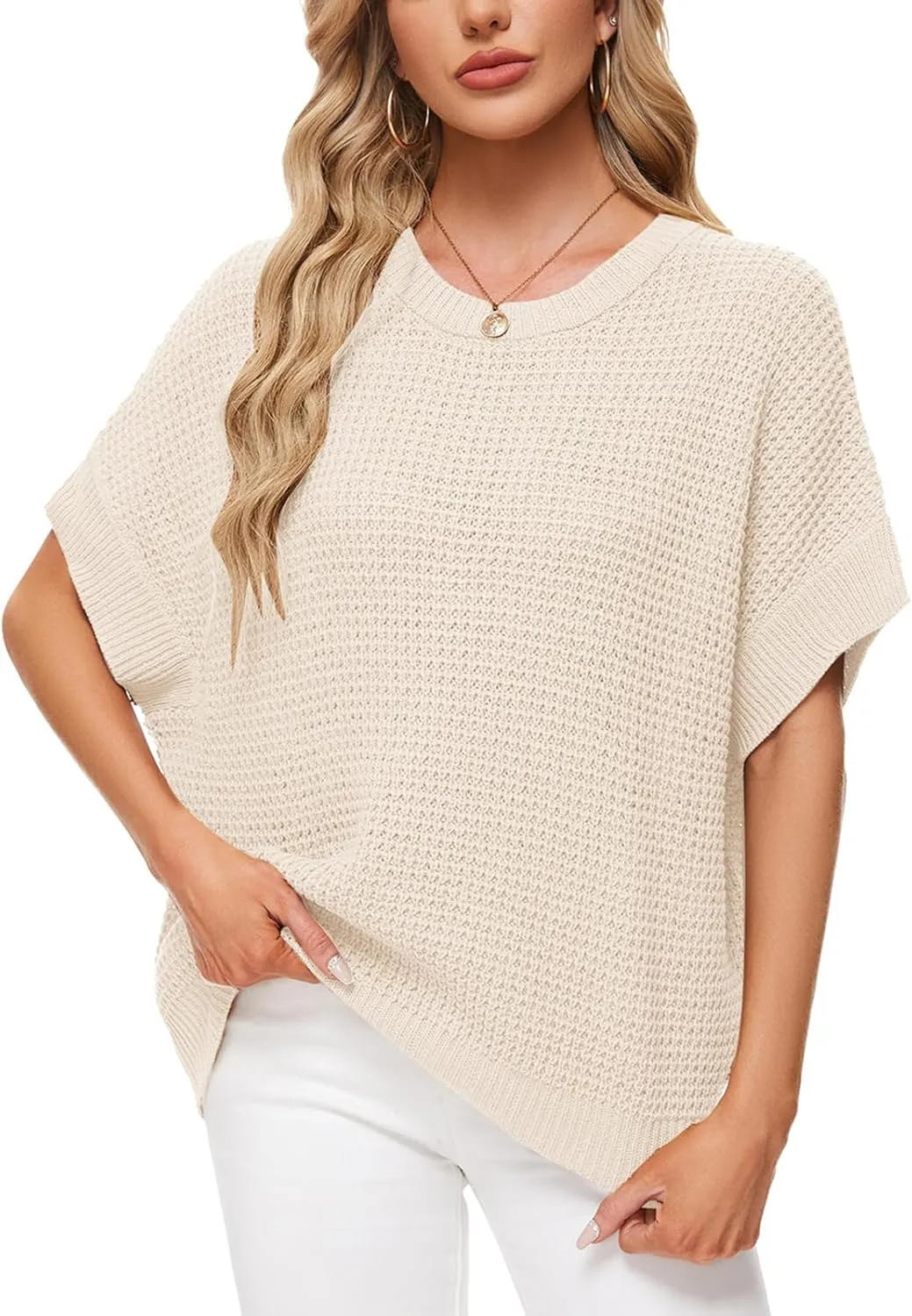 MINTLIMIT Womens Batwing Short Sleeve Sweaters Loose Oversized Waffle Knit Pullover Sweater Top