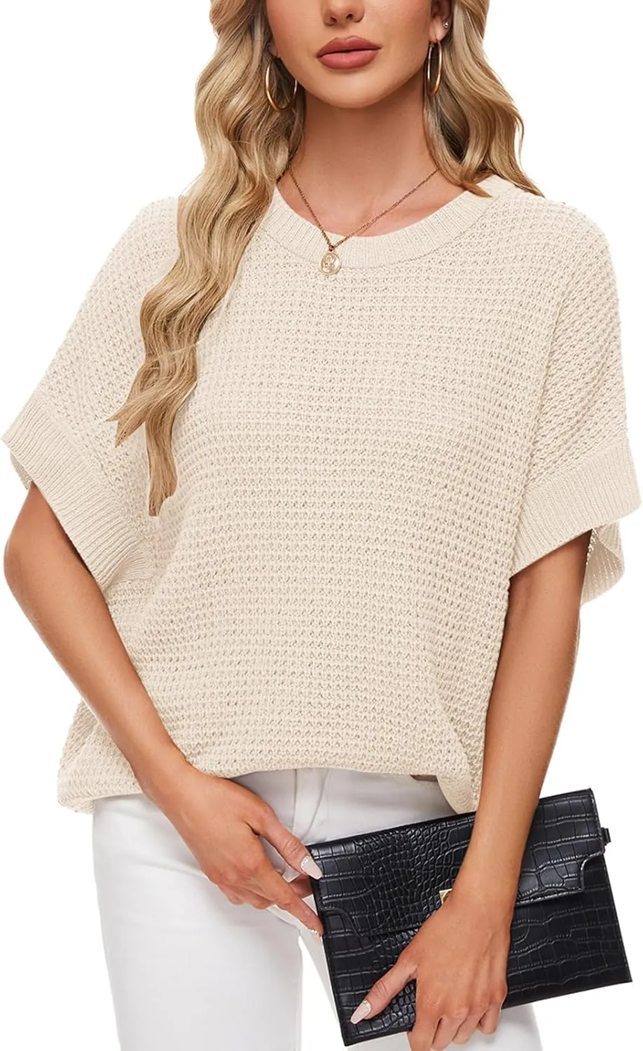MINTLIMIT Womens Batwing Short Sleeve Sweaters Loose Oversized Waffle Knit Pullover Sweater Top