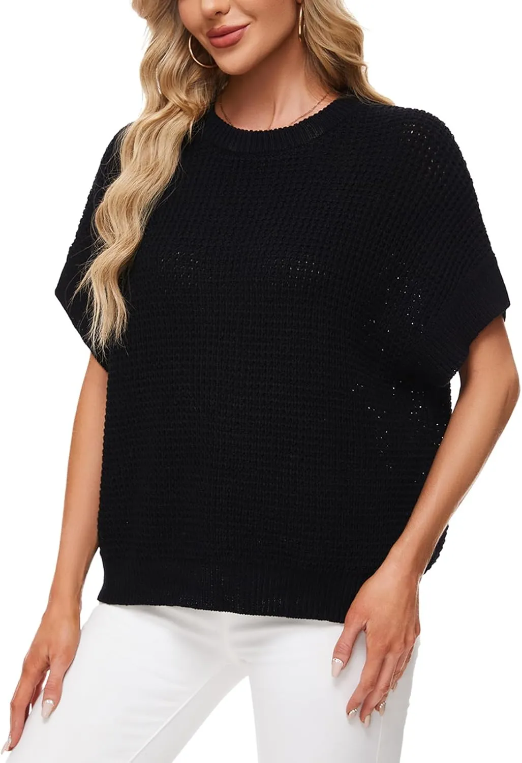 MINTLIMIT Womens Batwing Short Sleeve Sweaters Loose Oversized Waffle Knit Pullover Sweater Top