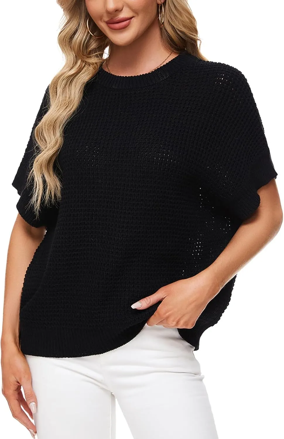 MINTLIMIT Womens Batwing Short Sleeve Sweaters Loose Oversized Waffle Knit Pullover Sweater Top