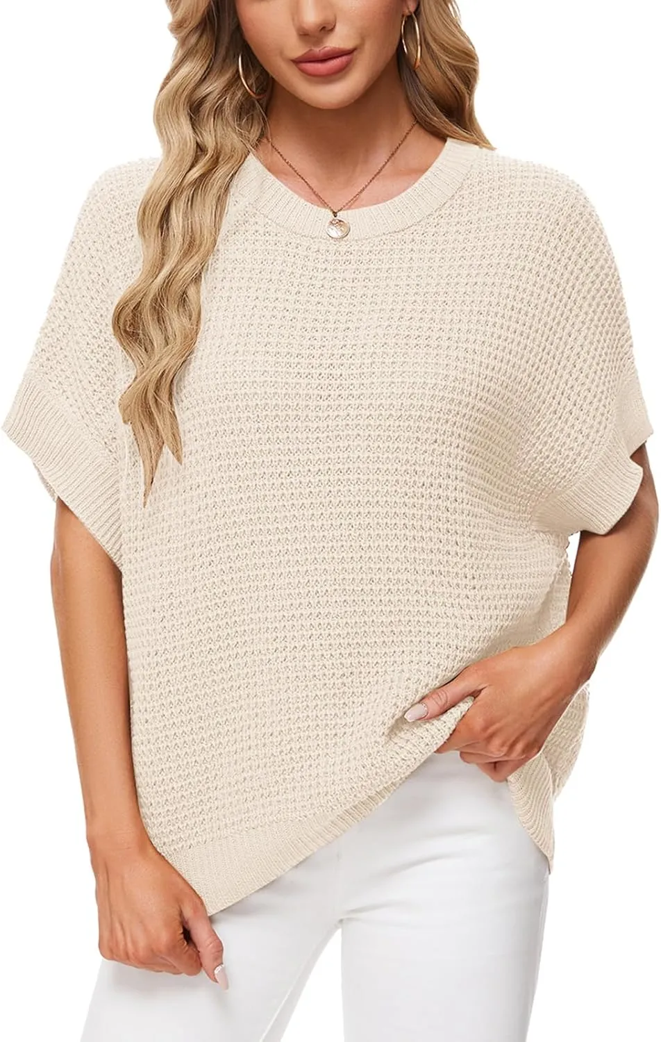 MINTLIMIT Womens Batwing Short Sleeve Sweaters Loose Oversized Waffle Knit Pullover Sweater Top