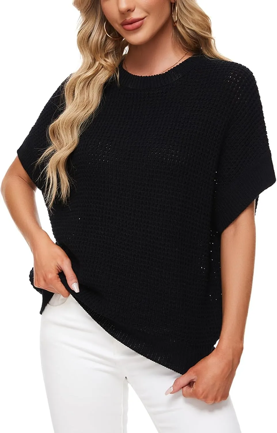 MINTLIMIT Womens Batwing Short Sleeve Sweaters Loose Oversized Waffle Knit Pullover Sweater Top