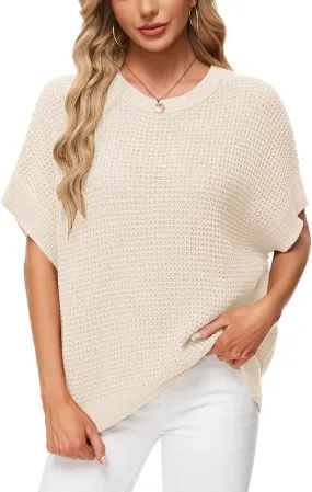 MINTLIMIT Womens Batwing Short Sleeve Sweaters Loose Oversized Waffle Knit Pullover Sweater Top