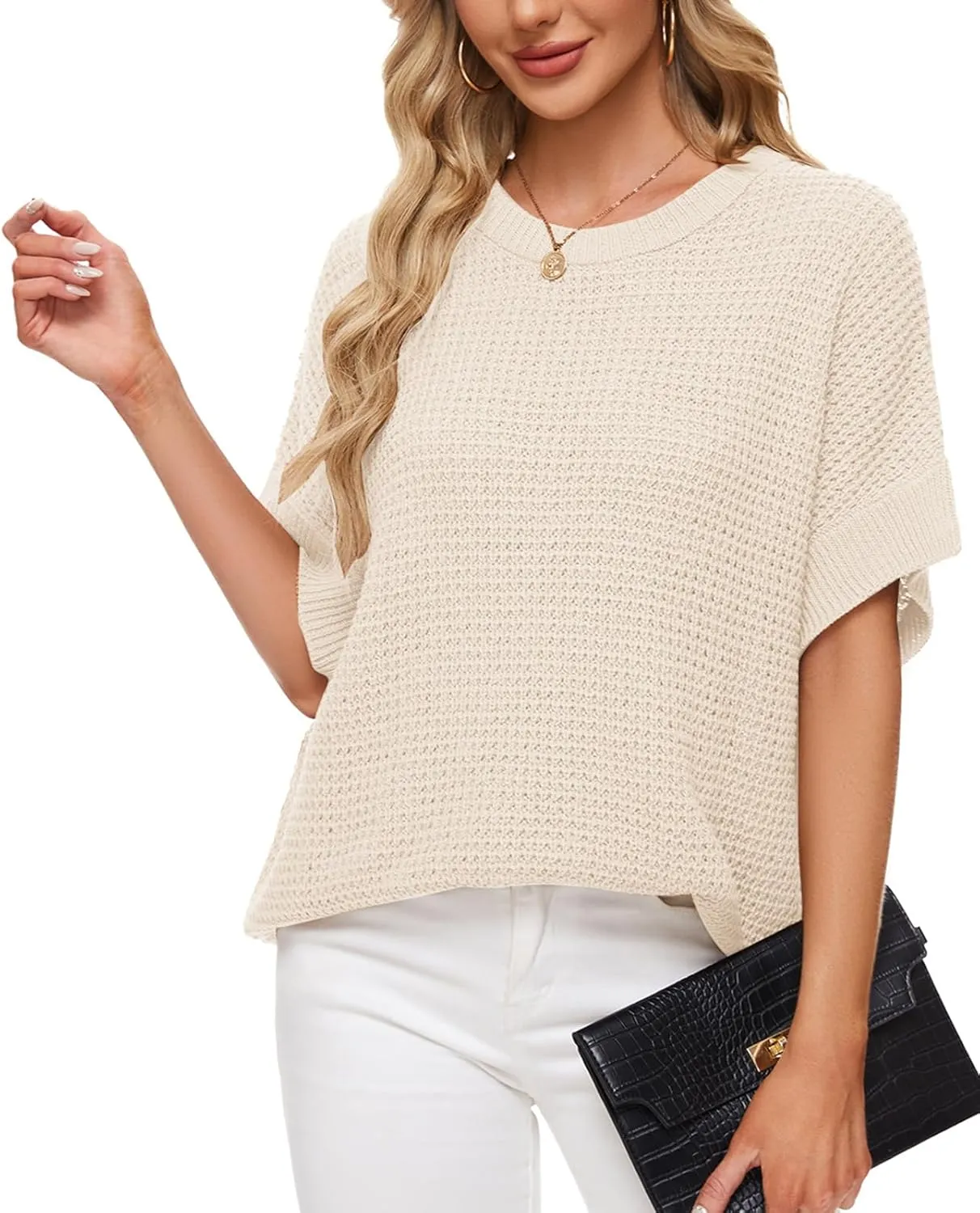 MINTLIMIT Womens Batwing Short Sleeve Sweaters Loose Oversized Waffle Knit Pullover Sweater Top