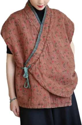 NFYM Womens Traditional Floral Quilted Vest Wrap Tie Front Lightweight Cotton Padded Gilet Outwear