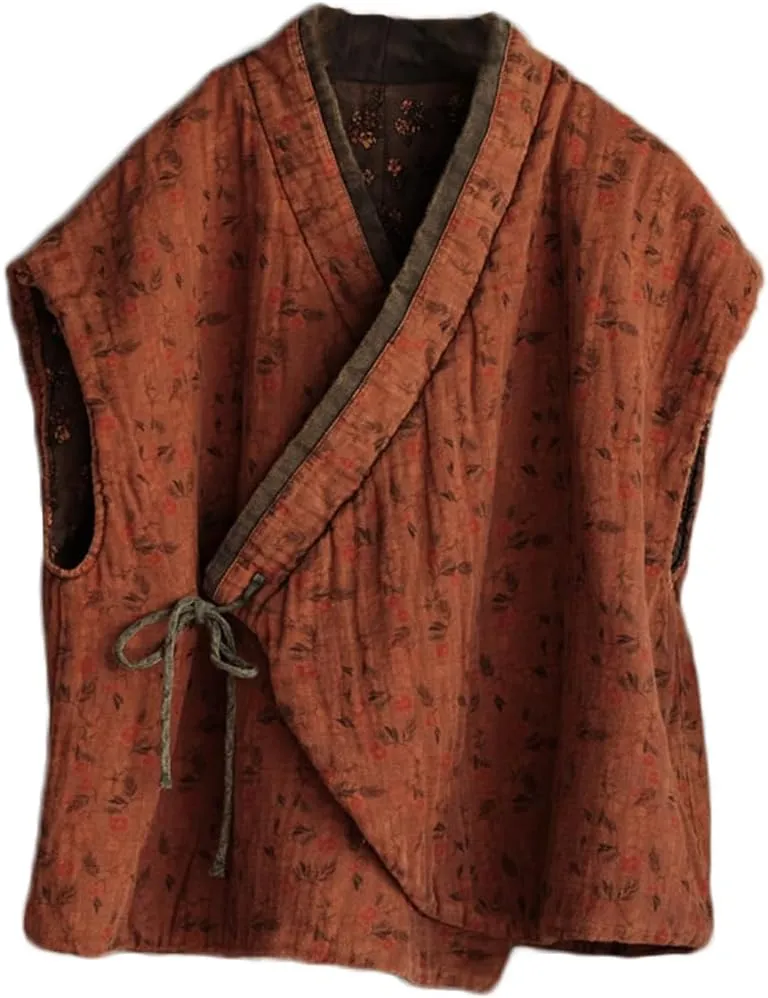 NFYM Womens Traditional Floral Quilted Vest Wrap Tie Front Lightweight Cotton Padded Gilet Outwear