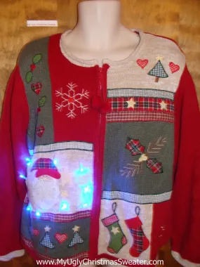 Plaid Themed Red and White Cute Christmas Sweater with Lights
