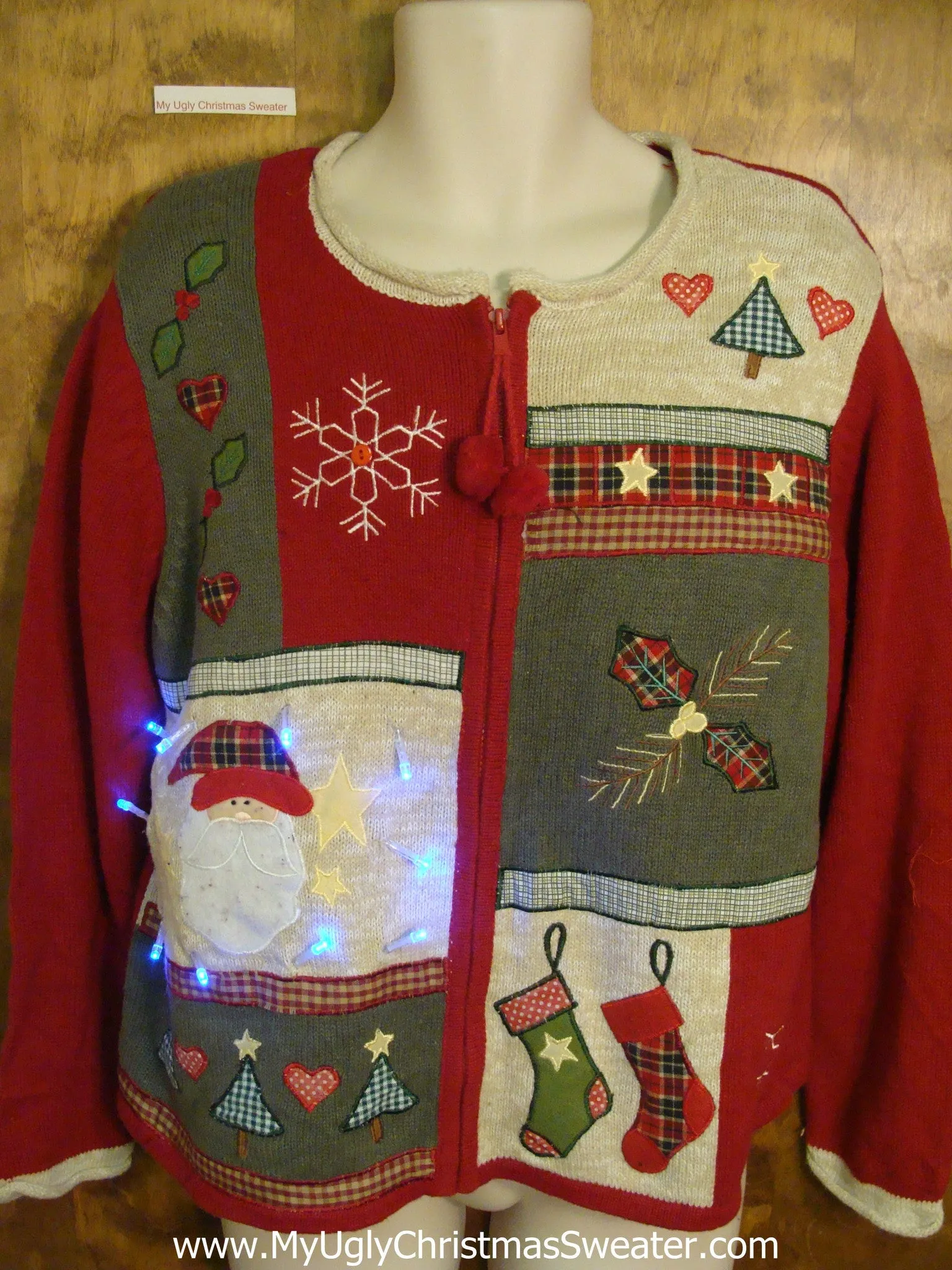 Plaid Themed Red and White Cute Christmas Sweater with Lights