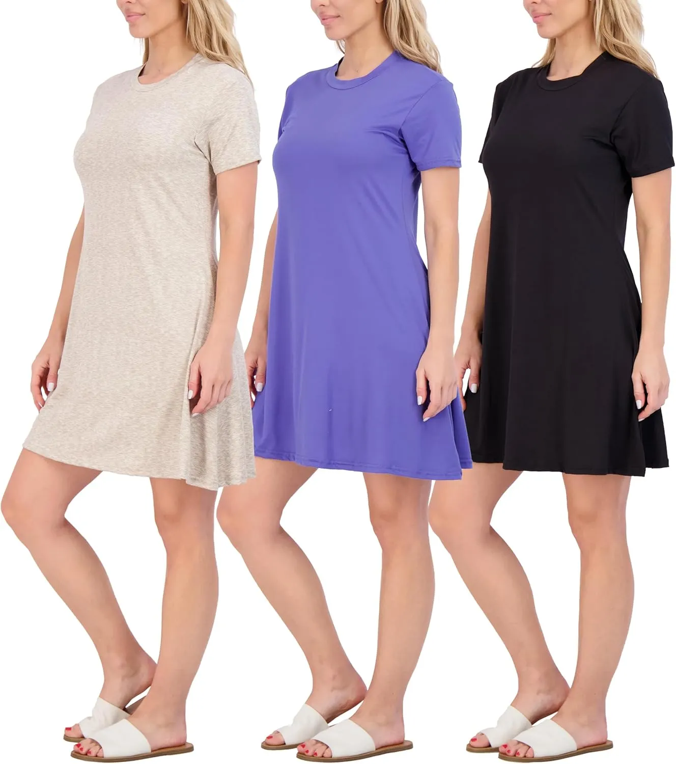 Real Essentials 3-Pack: Women's Super-Soft Short Sleeve Dress Loose Casual Plain Simple Summer T-Shirt (Available in Plus)