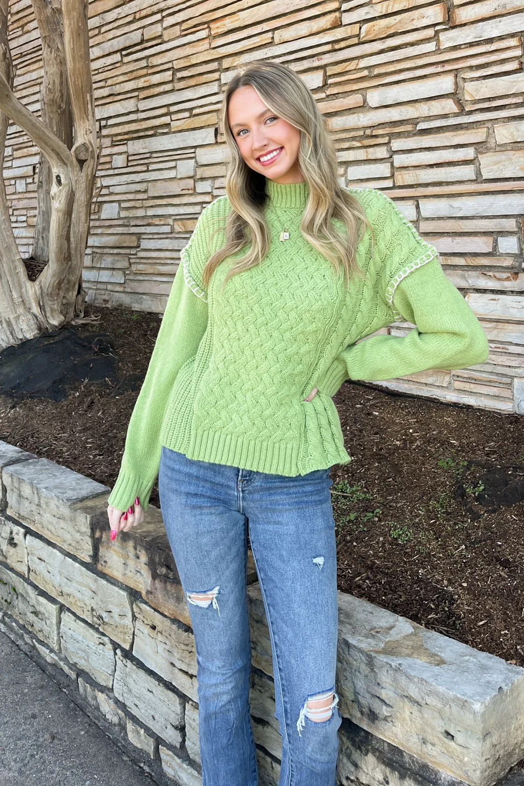 Stitch Detail Cable Knit Sweater Top-Avocado