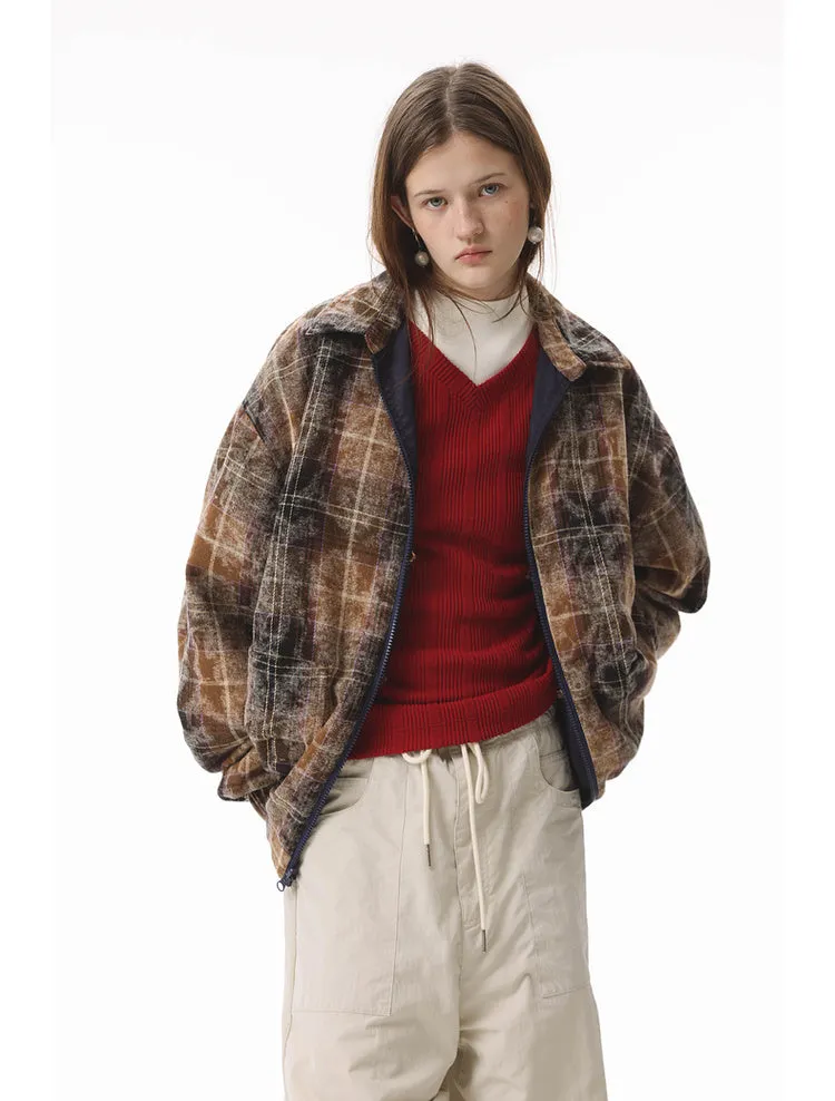 Stitched washed plaid windproof jacket