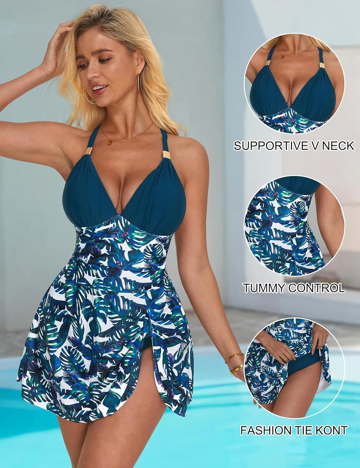 SUUKSESS Women One Piece Swim Dress Tummy Control Swimsuit Tie Knot Bathing Suit