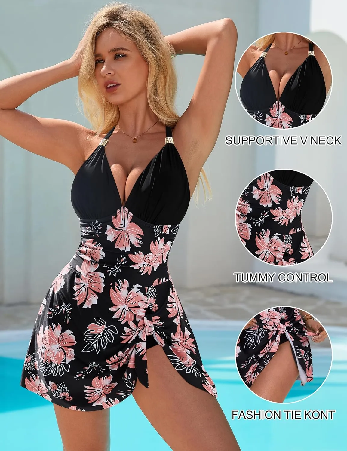 SUUKSESS Women One Piece Swim Dress Tummy Control Swimsuit Tie Knot Bathing Suit