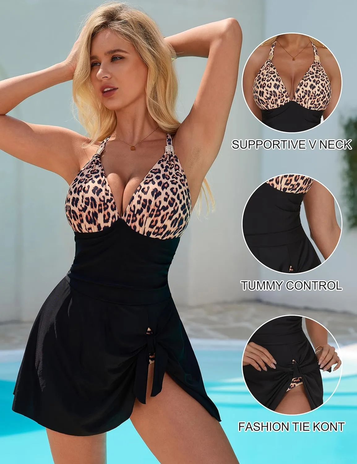 SUUKSESS Women One Piece Swim Dress Tummy Control Swimsuit Tie Knot Bathing Suit