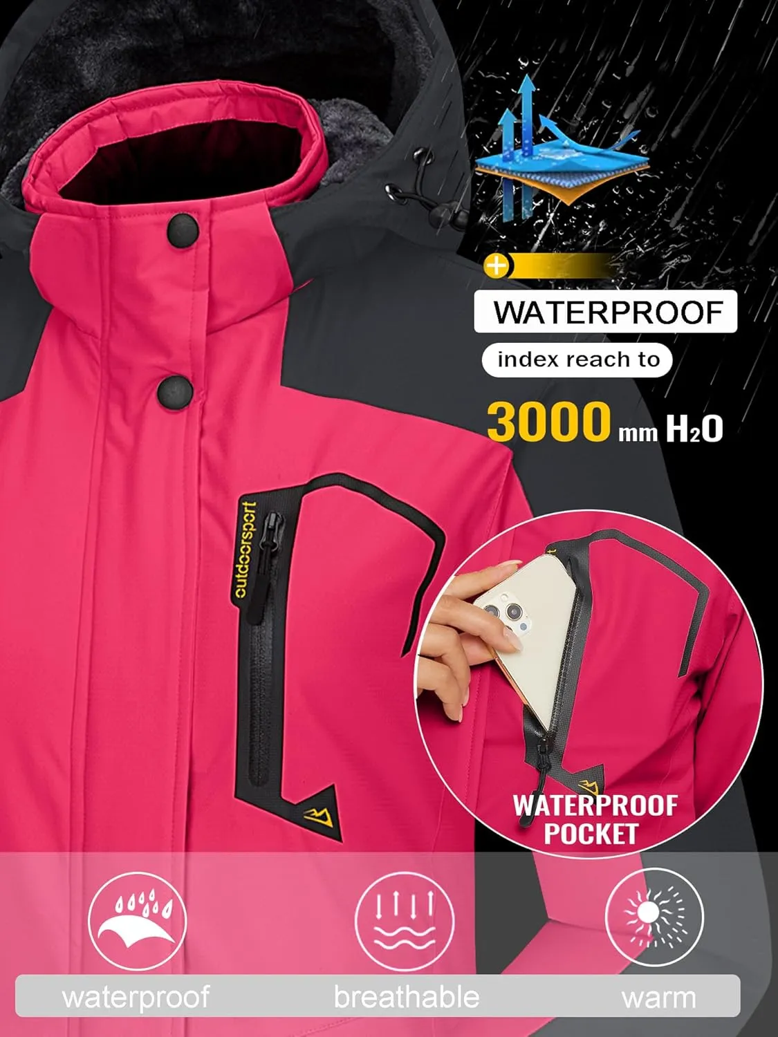 TACVASEN Women's Winter Jacket Waterproof Ski Jacket Hooded Fleece Lined Warm Snow Coat Mountain Windproof Rain Windbreaker