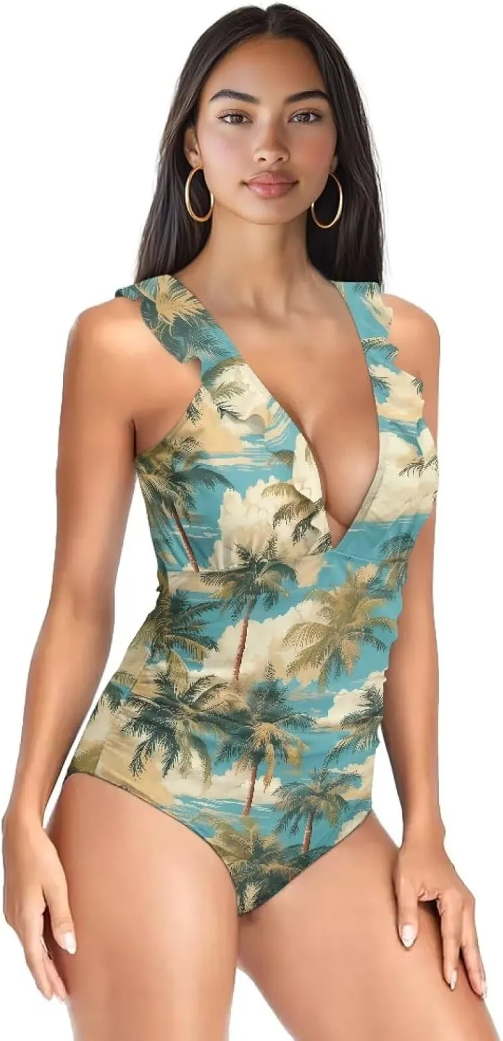 V Neck Swim Dress One Piece Swimsuit for Women Tummy Control Bathing Suit Dress Ruffle Swimwear Beach Outdoor