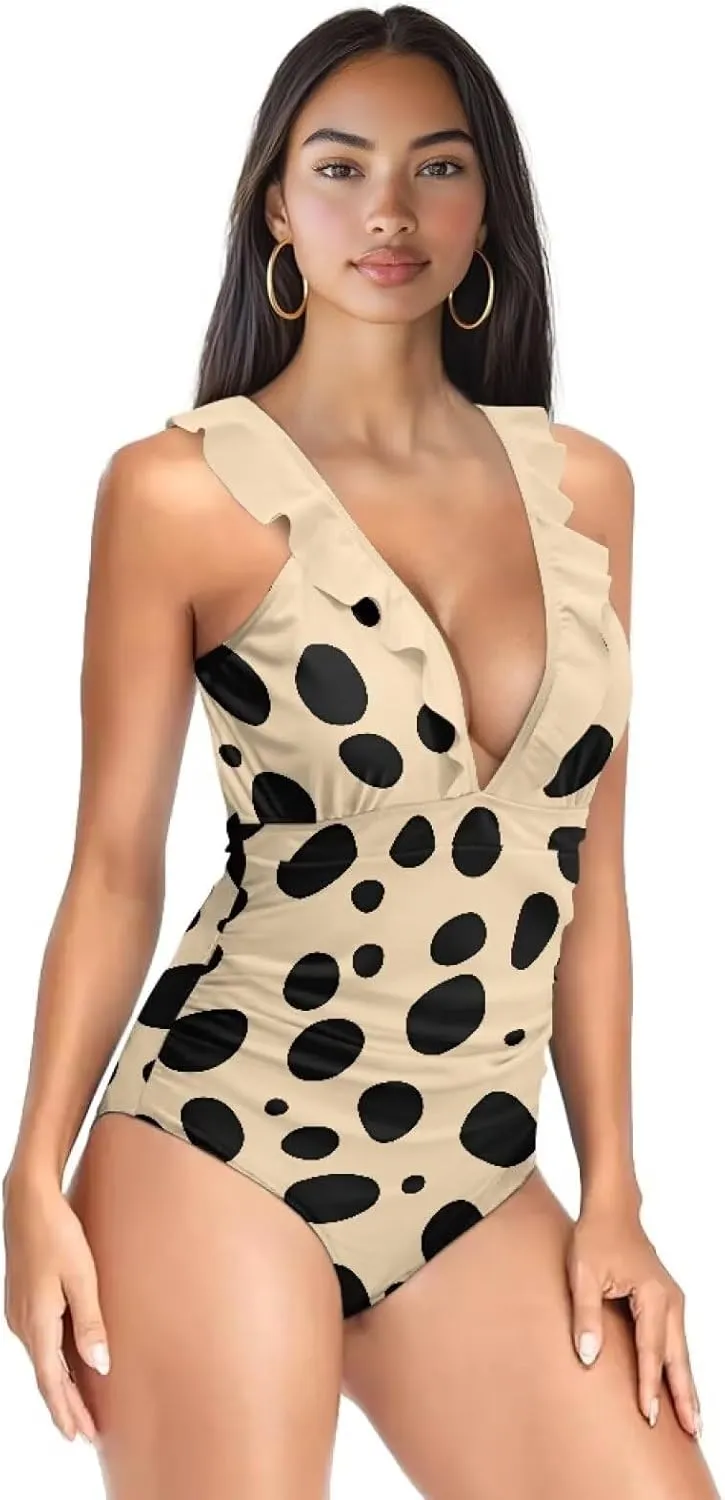 V Neck Swim Dress One Piece Swimsuit for Women Tummy Control Bathing Suit Dress Ruffle Swimwear Beach Outdoor
