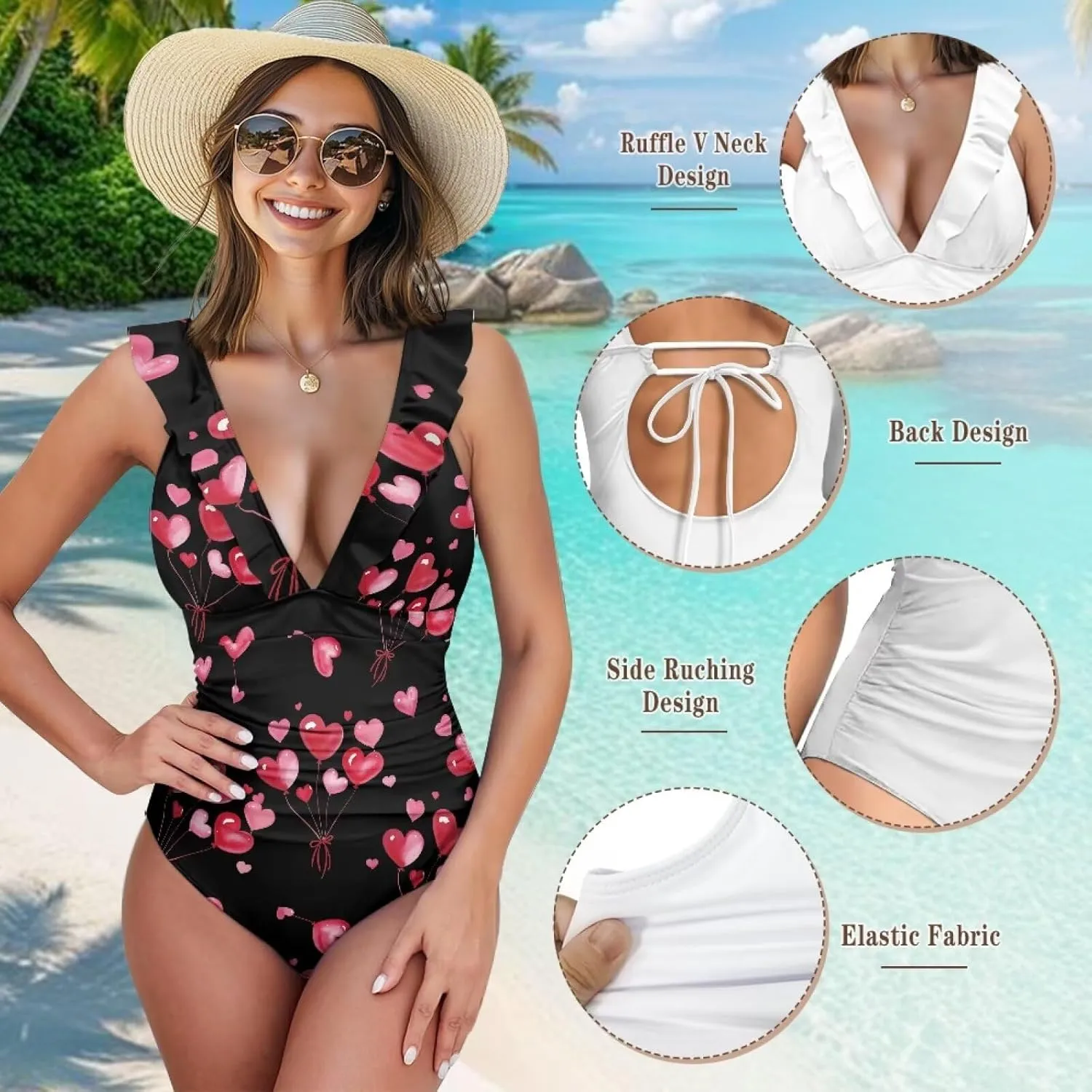 V Neck Swim Dress One Piece Swimsuit for Women Tummy Control Bathing Suit Dress Ruffle Swimwear Beach Outdoor
