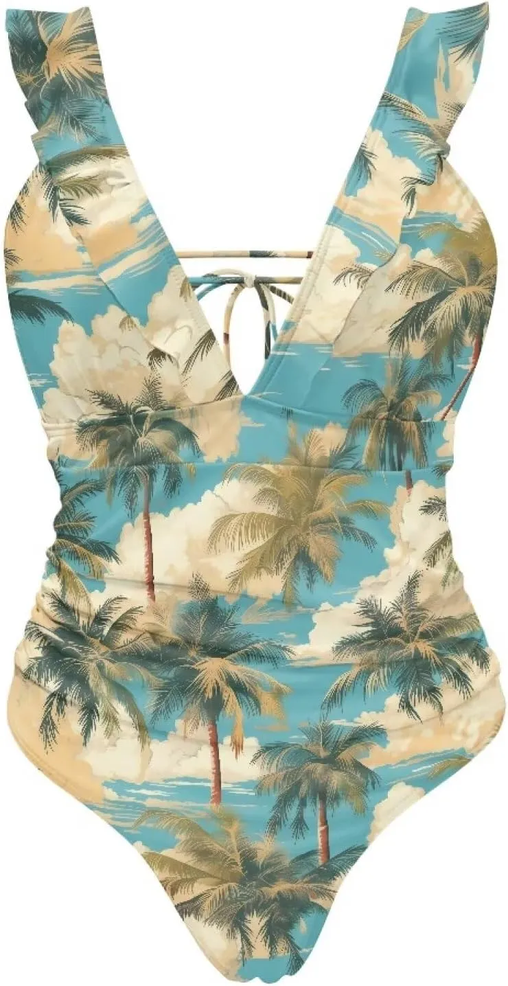V Neck Swim Dress One Piece Swimsuit for Women Tummy Control Bathing Suit Dress Ruffle Swimwear Beach Outdoor