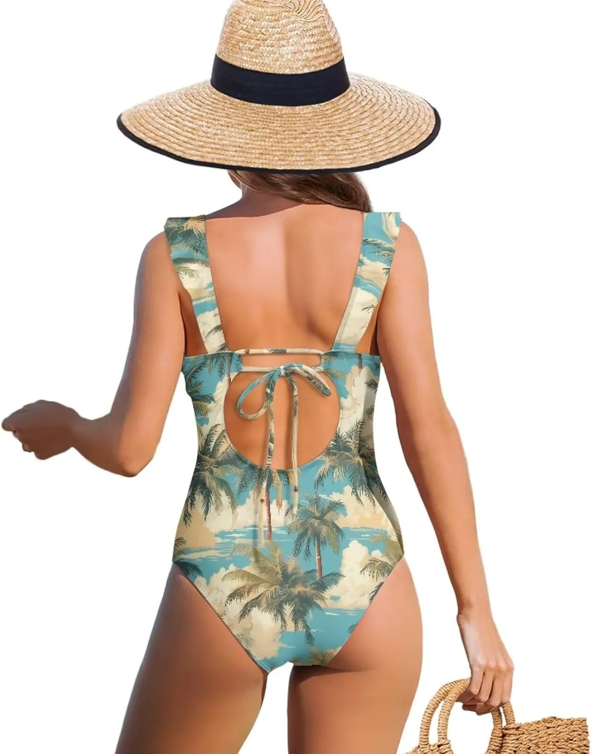 V Neck Swim Dress One Piece Swimsuit for Women Tummy Control Bathing Suit Dress Ruffle Swimwear Beach Outdoor