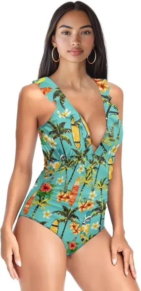 V Neck Swim Dress One Piece Swimsuit for Women Tummy Control Bathing Suit Dress Ruffle Swimwear Beach Outdoor