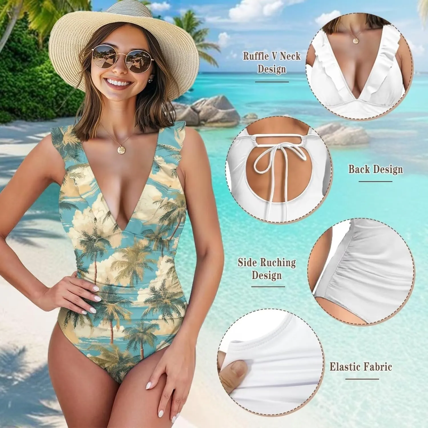 V Neck Swim Dress One Piece Swimsuit for Women Tummy Control Bathing Suit Dress Ruffle Swimwear Beach Outdoor