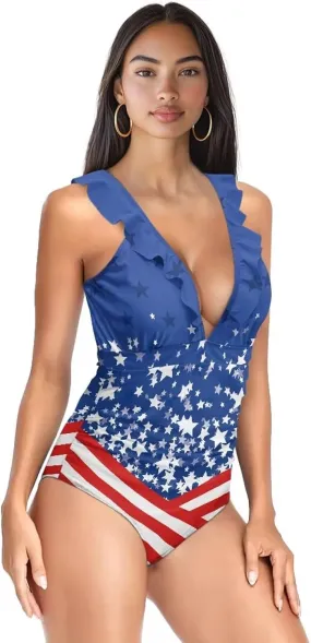 V Neck Swim Dress One Piece Swimsuit for Women Tummy Control Bathing Suit Dress Ruffle Swimwear Beach Outdoor