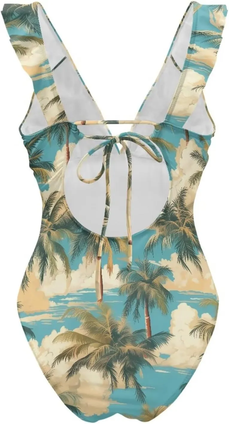 V Neck Swim Dress One Piece Swimsuit for Women Tummy Control Bathing Suit Dress Ruffle Swimwear Beach Outdoor