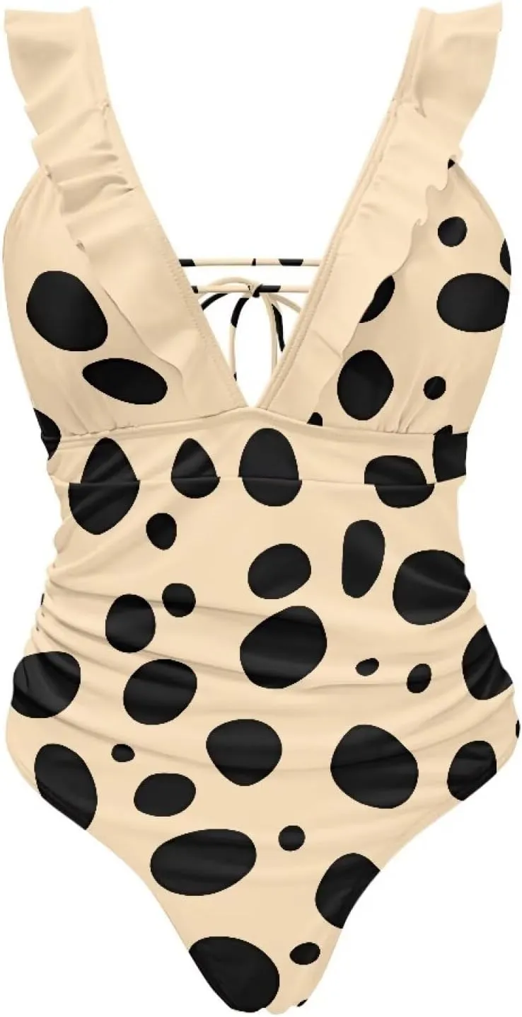 V Neck Swim Dress One Piece Swimsuit for Women Tummy Control Bathing Suit Dress Ruffle Swimwear Beach Outdoor