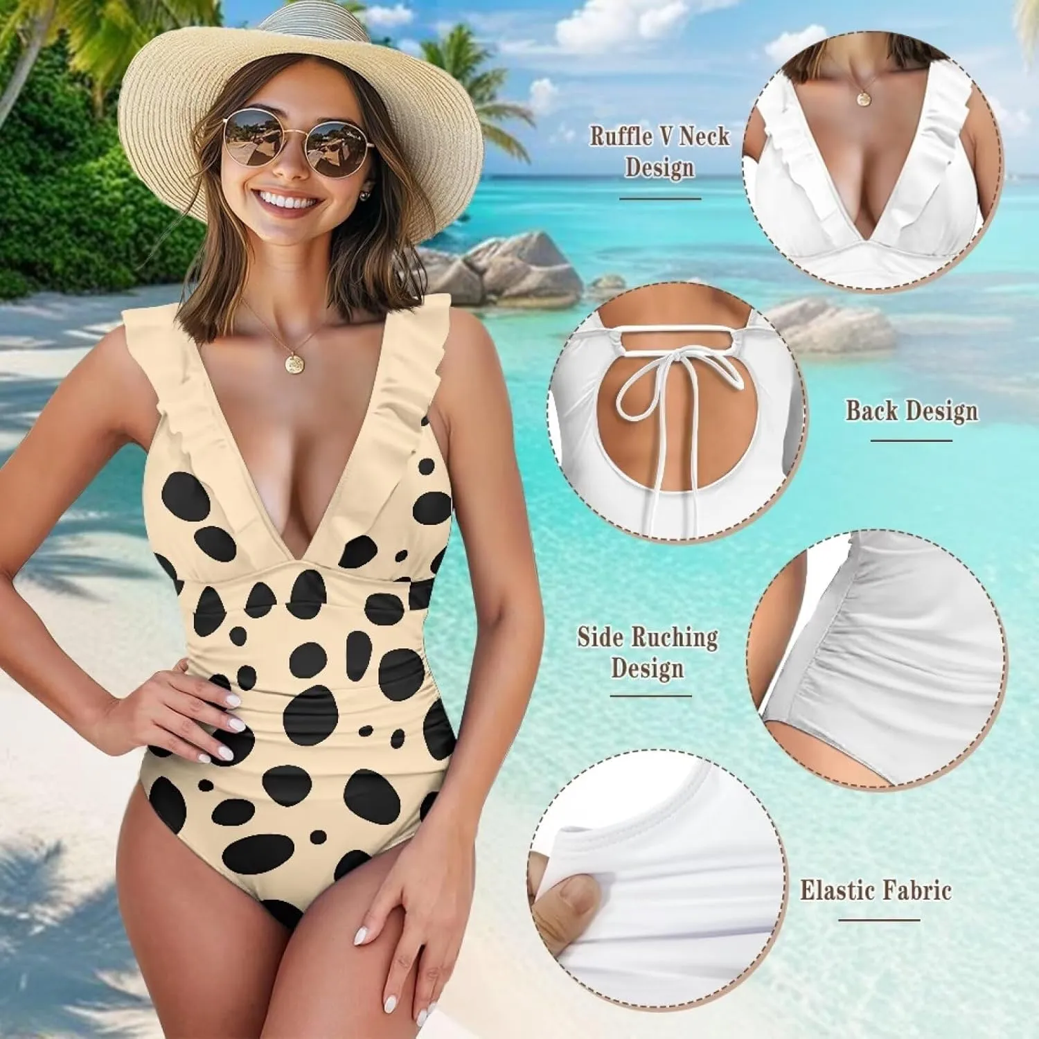V Neck Swim Dress One Piece Swimsuit for Women Tummy Control Bathing Suit Dress Ruffle Swimwear Beach Outdoor