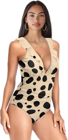 V Neck Swim Dress One Piece Swimsuit for Women Tummy Control Bathing Suit Dress Ruffle Swimwear Beach Outdoor