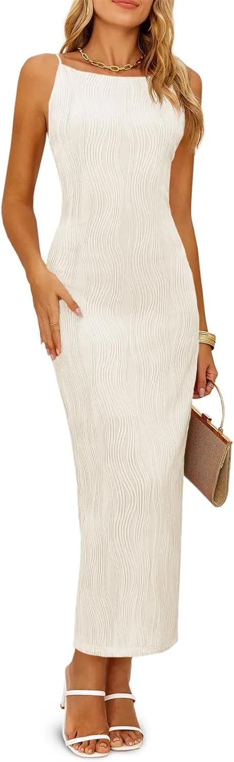Wenrine Womens Sleeveless Maxi Dress Summer Backless Spaghetti Strap Textured Slit Bodycon Elegant Cocktail Dress