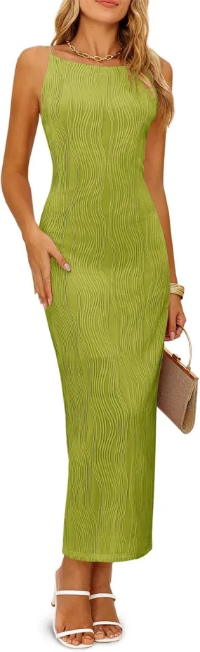 Wenrine Womens Sleeveless Maxi Dress Summer Backless Spaghetti Strap Textured Slit Bodycon Elegant Cocktail Dress