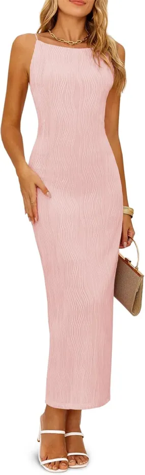 Wenrine Womens Sleeveless Maxi Dress Summer Backless Spaghetti Strap Textured Slit Bodycon Elegant Cocktail Dress