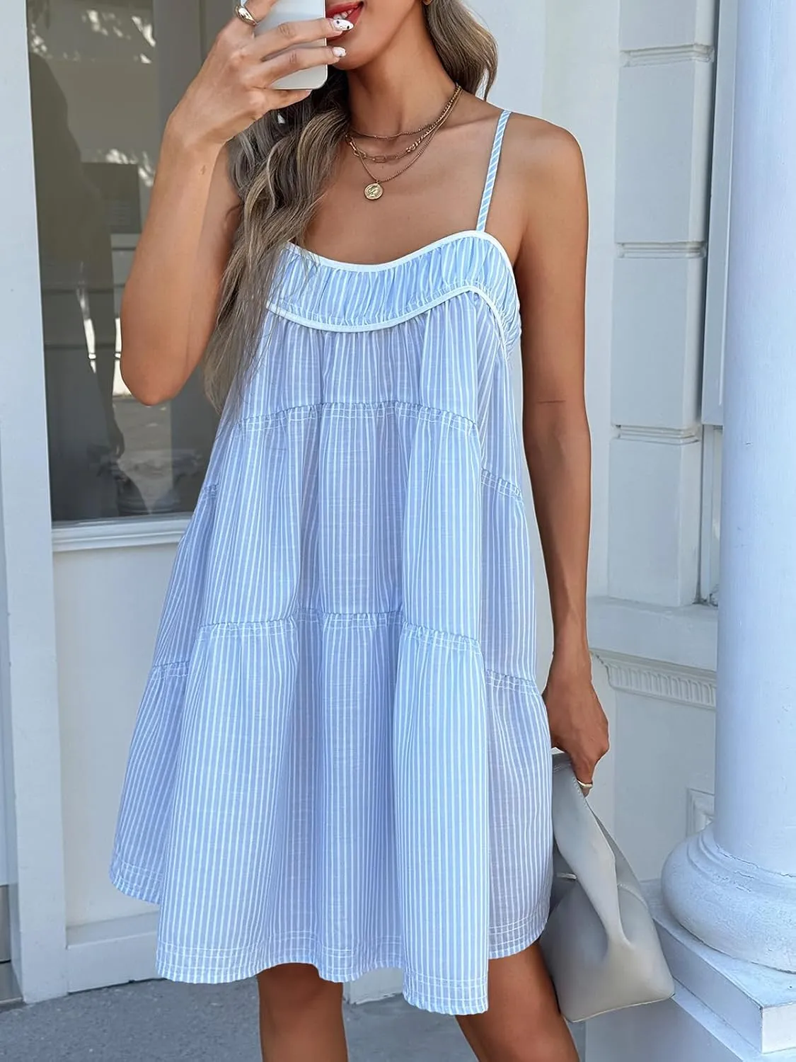 Wenrine Womens Striped Mini Dress Oversized Spaghetti Strap Casual Sleeveless Ruffle Tiered Beach A Line Dress