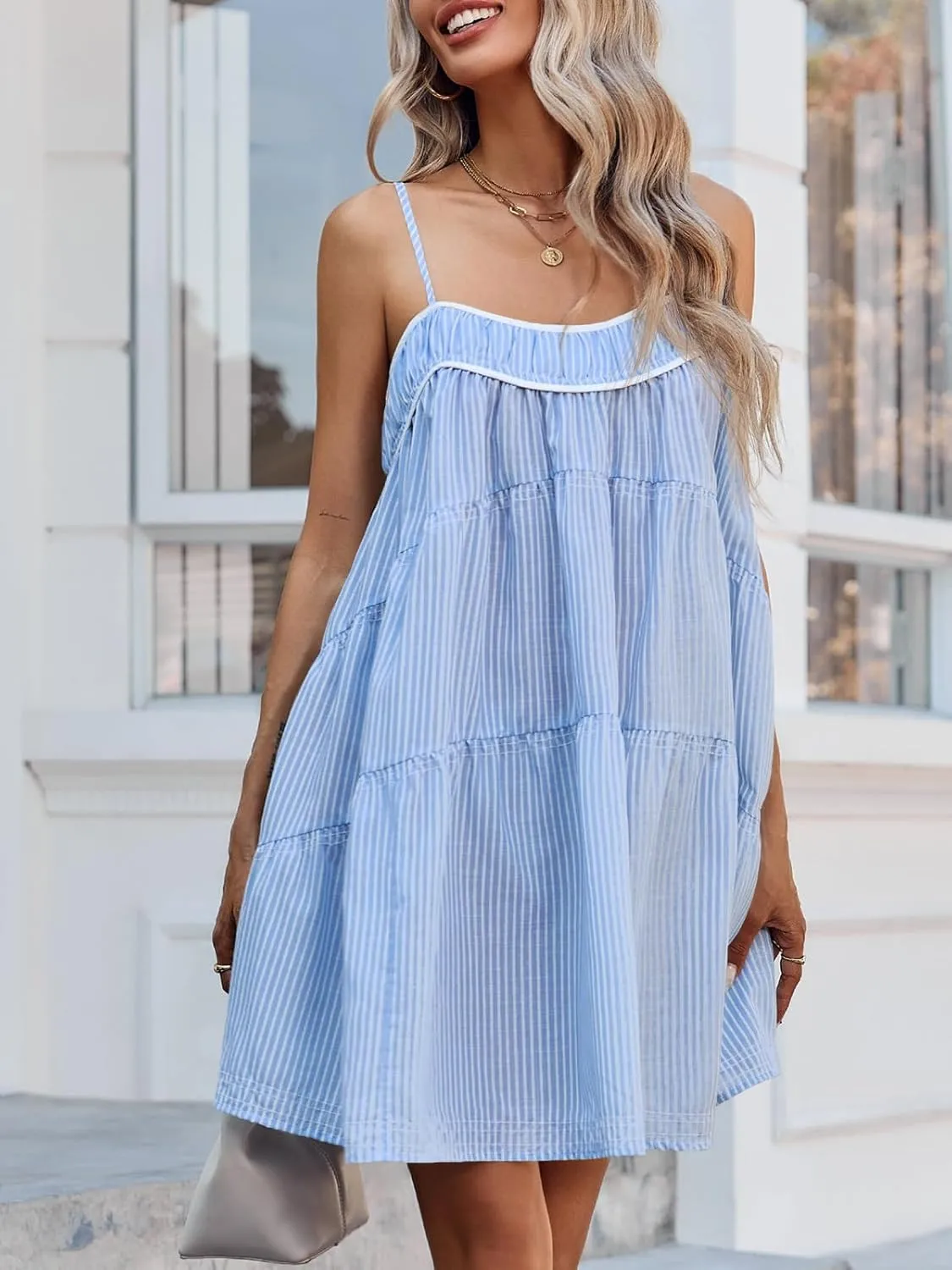 Wenrine Womens Striped Mini Dress Oversized Spaghetti Strap Casual Sleeveless Ruffle Tiered Beach A Line Dress