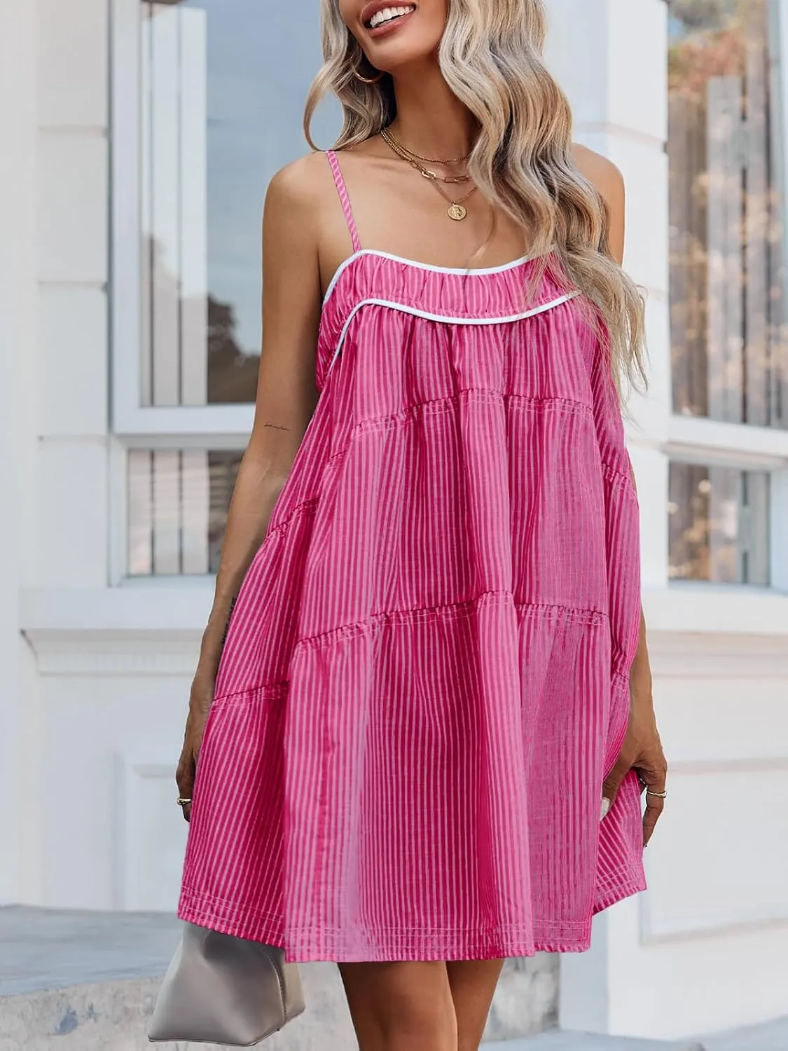 Wenrine Womens Striped Mini Dress Oversized Spaghetti Strap Casual Sleeveless Ruffle Tiered Beach A Line Dress