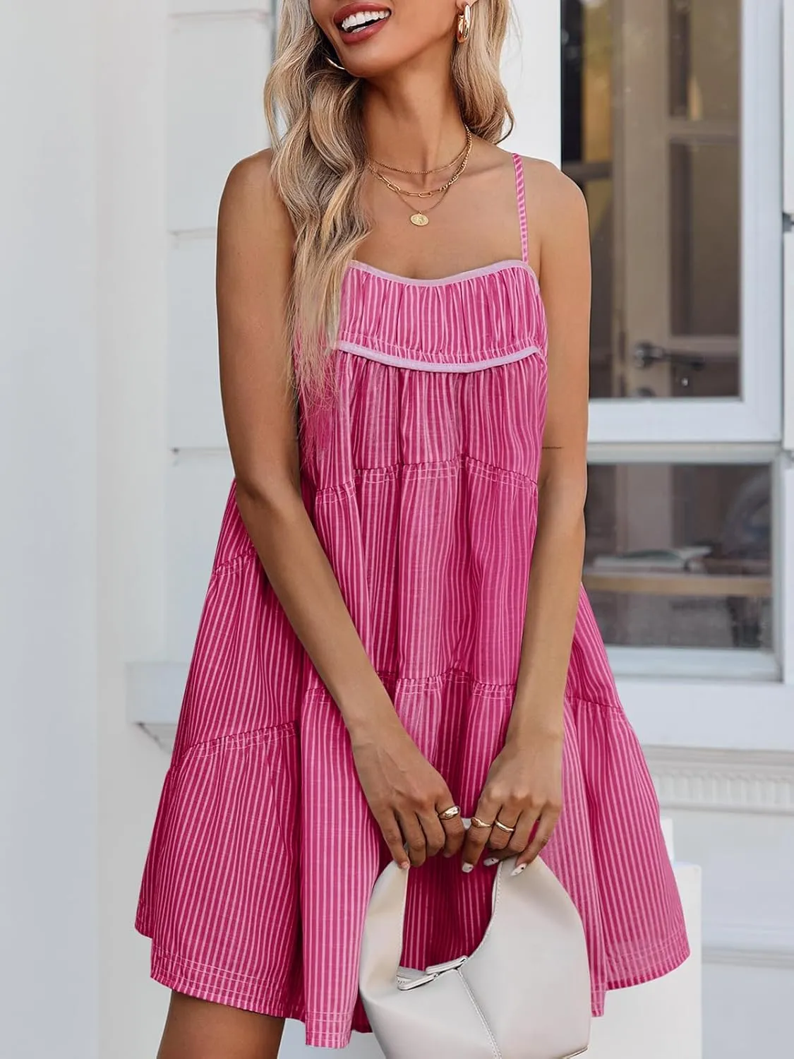 Wenrine Womens Striped Mini Dress Oversized Spaghetti Strap Casual Sleeveless Ruffle Tiered Beach A Line Dress