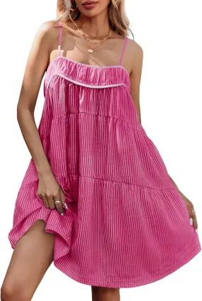 Wenrine Womens Striped Mini Dress Oversized Spaghetti Strap Casual Sleeveless Ruffle Tiered Beach A Line Dress