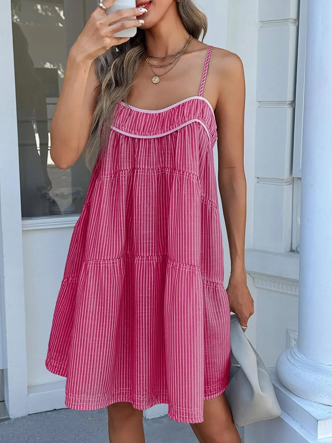 Wenrine Womens Striped Mini Dress Oversized Spaghetti Strap Casual Sleeveless Ruffle Tiered Beach A Line Dress