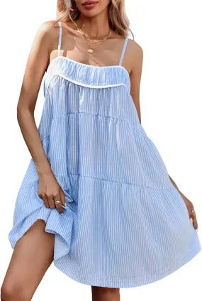 Wenrine Womens Striped Mini Dress Oversized Spaghetti Strap Casual Sleeveless Ruffle Tiered Beach A Line Dress