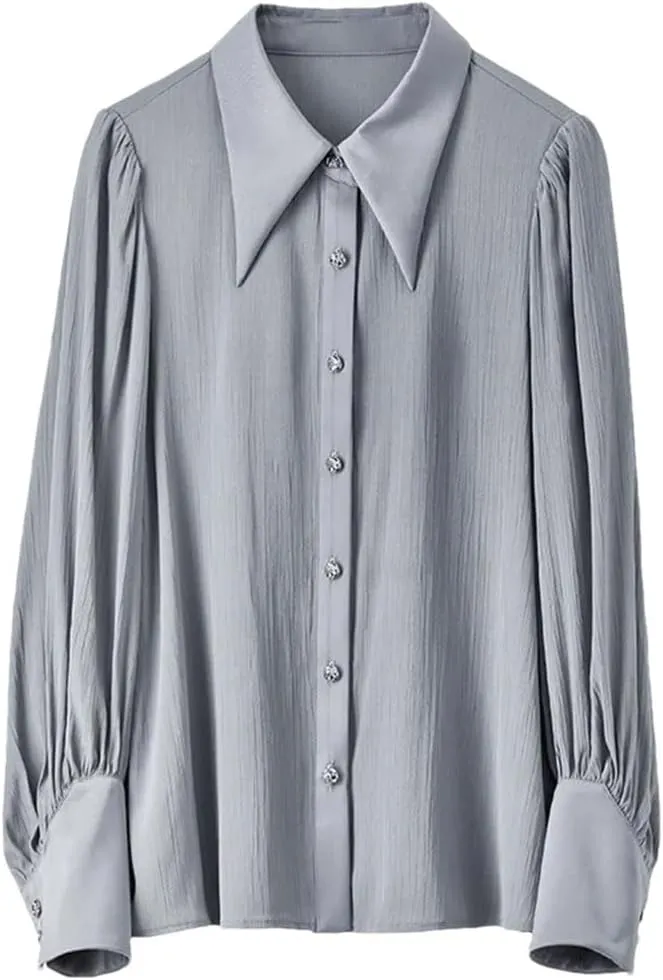 Women Office Lady Solid Shirt Casual Straight Buttons Shirts Lapel Business Work Shirt Top