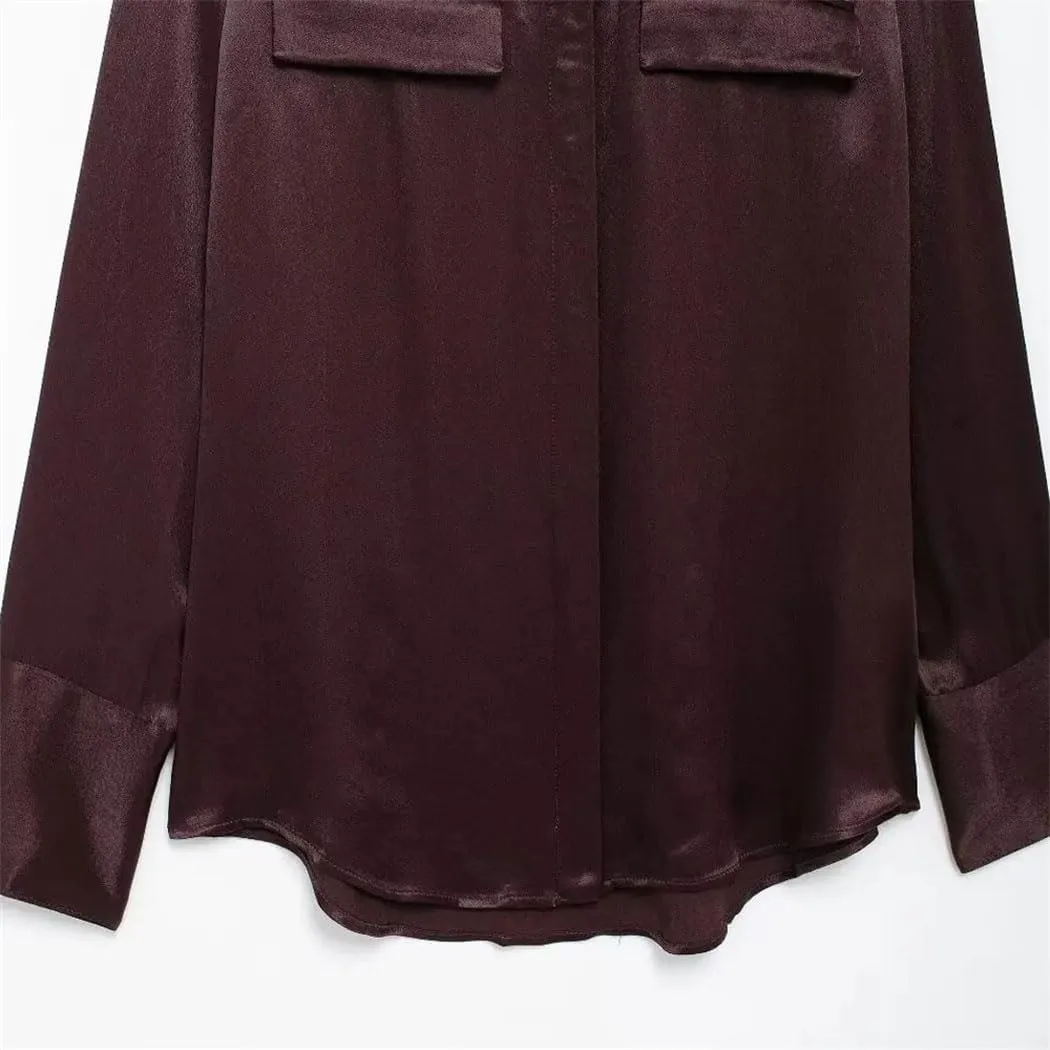 Women Satin Shirt with Pockets Long Sleeve Button Up Blouse Casual Business Fashion Top
