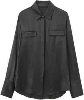 Women Satin Shirt with Pockets Long Sleeve Button Up Blouse Casual Business Fashion Top