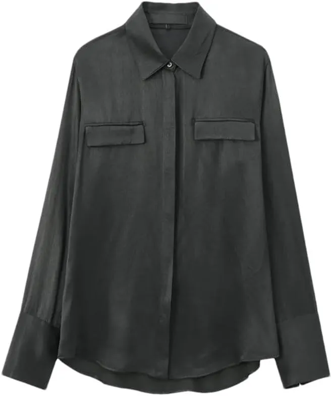 Women Satin Shirt with Pockets Long Sleeve Button Up Blouse Casual Business Fashion Top
