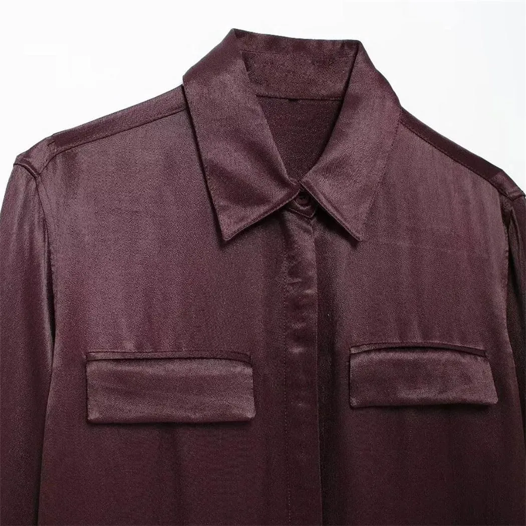 Women Satin Shirt with Pockets Long Sleeve Button Up Blouse Casual Business Fashion Top
