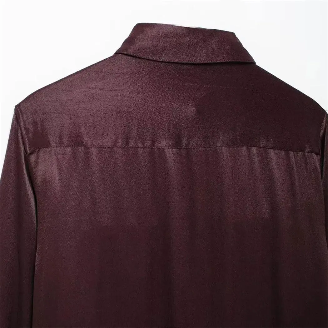 Women Satin Shirt with Pockets Long Sleeve Button Up Blouse Casual Business Fashion Top