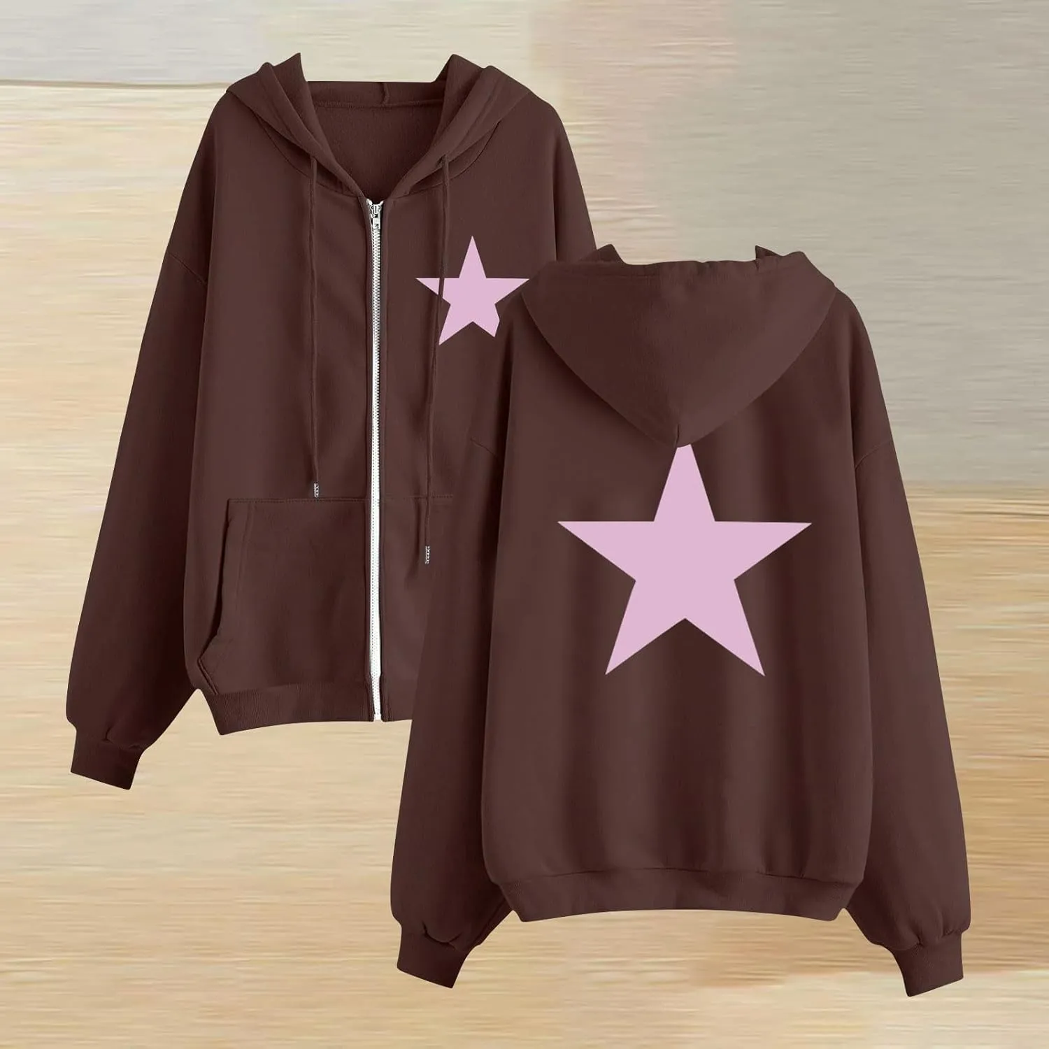 Women Star Print Zip Up Hoodies Oversized Long Sleeve Hooded Jackets Casual Fashion Lightweight Fleece Sweatshirts